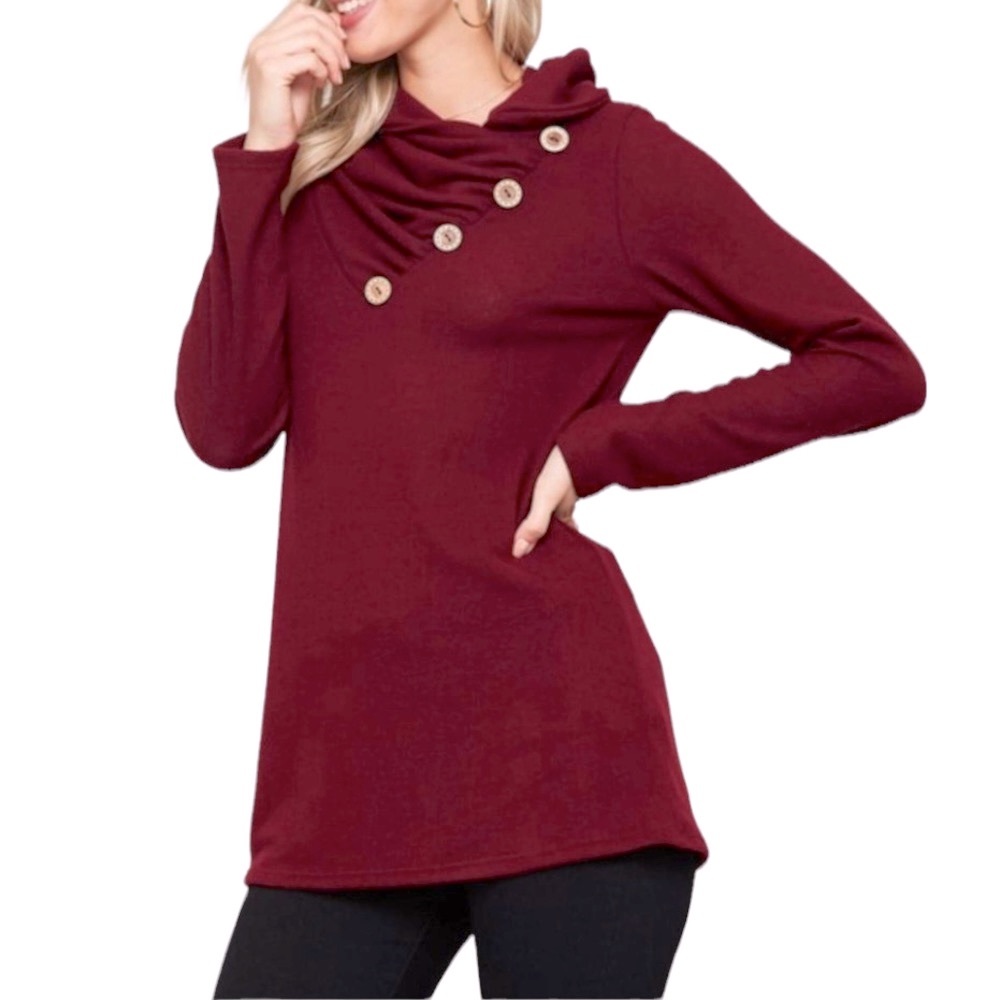 Flamingo Burgundy Fleece Mock Neck with Button Accent Top